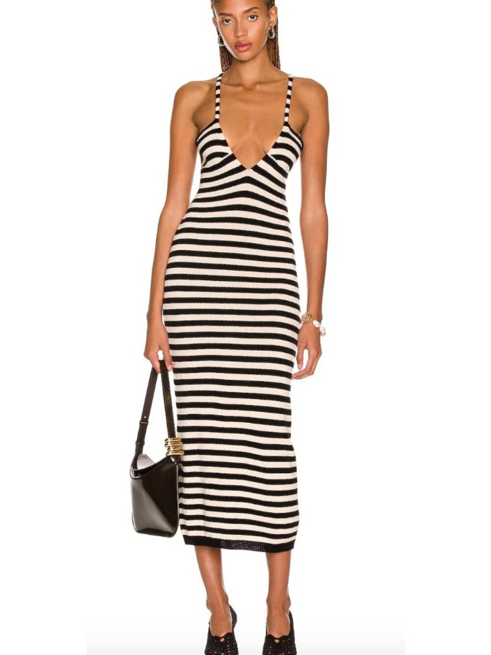 KHAITE Georgia Cashmere Striped Midi Dress Black Custard White Size XS